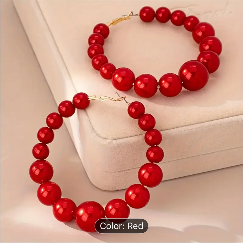 Elegant Red Beaded Hoop Earrings